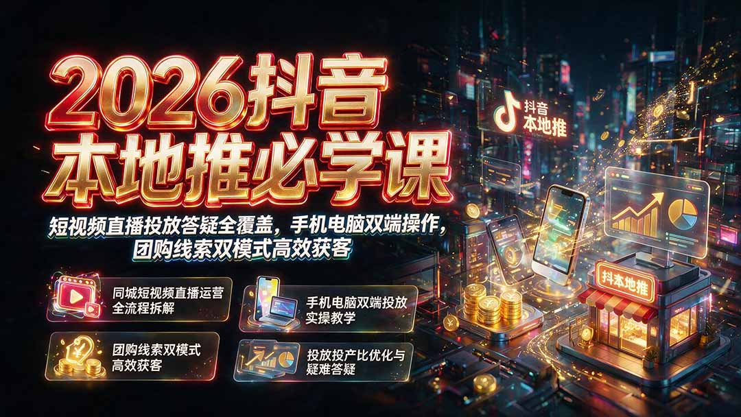 2026抖音本地推必学课|短视频直播投放答疑全覆盖,手机电脑双端操作,团购线索双模式高效获客-创学资源站