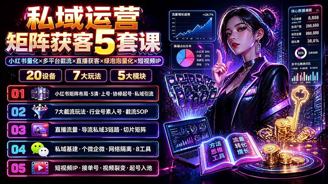 私域运营矩阵获客5套课:小红书量化×多平台截流×直播获客×绿泡泡量化×短视频IP×20设备×7大玩法-创学资源站