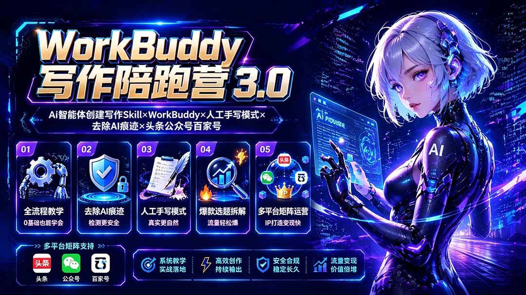 WorkBuddy写作陪跑营3.0-更新:Ai智能体创建写作Skill×WorkBuddy×人工手写模式×去除AI痕迹×头条公众号百家号-创学资源站