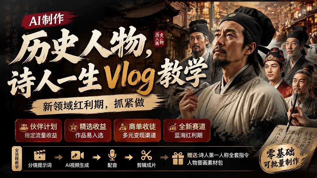 历史人物，诗人一生Vlog教学， AI制作丨伙伴计划丨精选收益丨商单收徒 ，新领域红利期，抓紧做-创学资源站