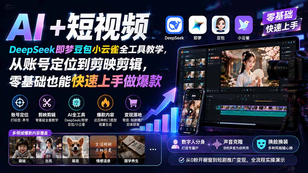 AI+短视频｜DeepSeek即梦豆包小云雀全工具教学，从账号定位到剪映剪辑，零基础也能快速上手做爆款-创学资源站