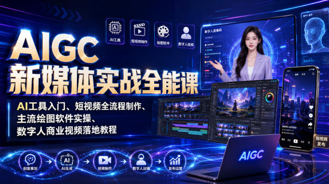 AIGC新媒体实战全能课｜AI工具入门、短视频全流程制作、主流绘图软件实操、数字人商业视频落地教程-创学资源站