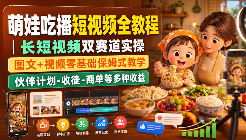 萌娃吃播短视频全教程|长短视频双赛道实操,图文+视频零基础保姆式教学,伙伴计划-收徒-商单等多种变现方式-创学资源站