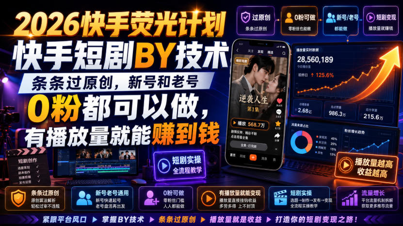 2026快手荧光计划，快手短剧搬运技术，条条过原创，新号和老号0粉都可以做，有播放量就能賺到钱-创学资源站