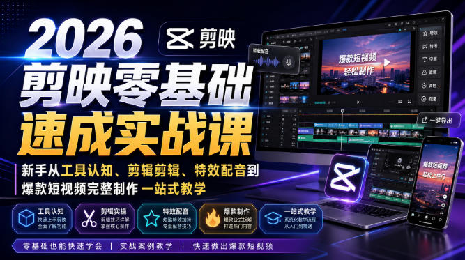 2026剪映零基础速成实战课｜新手从工具认知、剪辑剪辑、特效配音到爆款短视频完整制作一站式教学-创学资源站