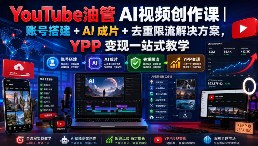 YouTube油管AI视频创作课｜账号搭建+AI成片+去重限流解决方案，YPP变现一站式教学(更新0809)-创学资源站