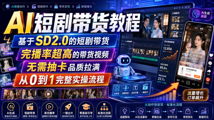 AI短剧带货教程，基于SD2.0的短剧带货，完播率超高的带货视频，无需抽卡品质拉满，从0到1完整实操流程-创学资源站