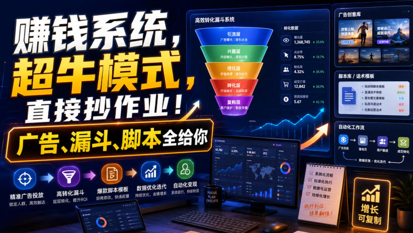賺钱系统，超牛模式，直接抄作业！广告、漏斗、脚本全给你【原创双语字幕】-创学资源站