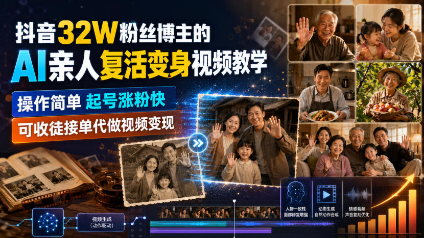 抖音32W粉丝博主的AI亲人复活变身视频教学，操作简单，起号涨粉快，可收徒接单代做视频变现-创学资源站