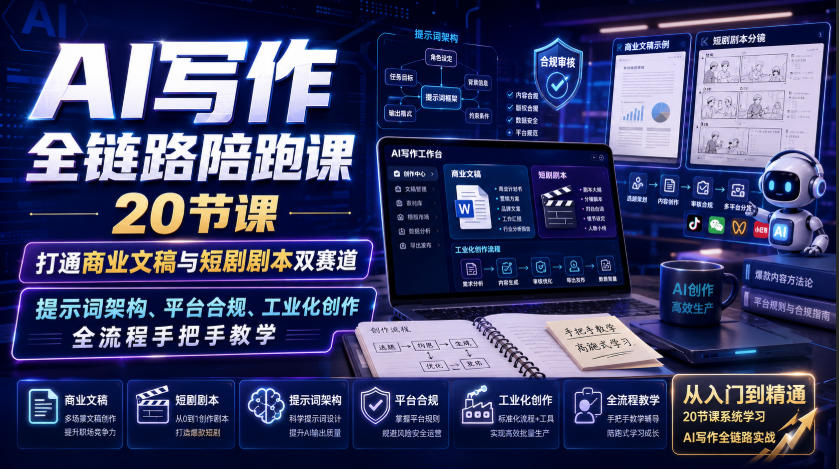 AI写作全链路陪跑课|20节课打通商业文稿与短剧剧本双赛道,提示词架构、平台合规、工业化创作全流程手把手教学-创学资源站