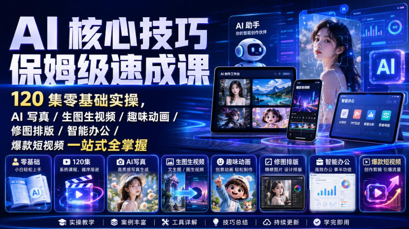 AI核心技巧保姆级速成课|120集零基础实操,AI写真/生图生视频/趣味动画/修图排版/智能办公/爆款短视频一站式全掌握-创学资源站