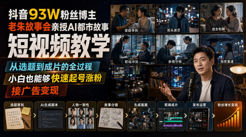 抖音93W粉丝博主老朱故事会亲授AI都市故事短视频教学,从选题到成片的全过程,小白也能够快速起号涨粉接广告变现-创学资源站