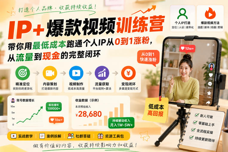 IP+爆款视频训练营,带你用最低成本跑通个人IP从0到1涨粉,从流量到现金的完整闭环-创学资源站