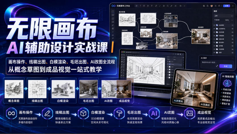 无限画布AI辅助设计实战课|画布操作、线稿出图、白模渲染、毛坯出图、AI改图全流程,从概念草图到成品视觉一站式教学-创学资源站