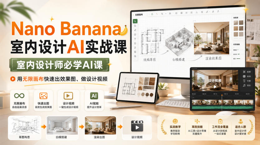 Nano Banana室内设计AI实战课,室内设计师必学AI课,用无限画布快速出效果图、做设计视频-创学资源站