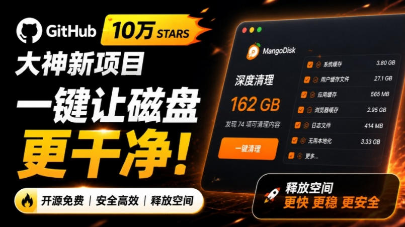 在Gtihub上做出10万stars的大神,又发布新项目了!一键让磁盘更干净,开源免费清理工具MangoDisk-创学资源站