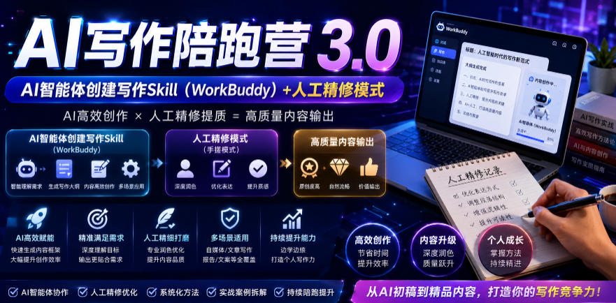 AI写作陪跑营3.0,Ai智能体创建写作skill(workbuddy)+人工手写模式(手搓模式),去除AI痕迹(头条号、公众号、百家号)(更新0814)-创学资源站
