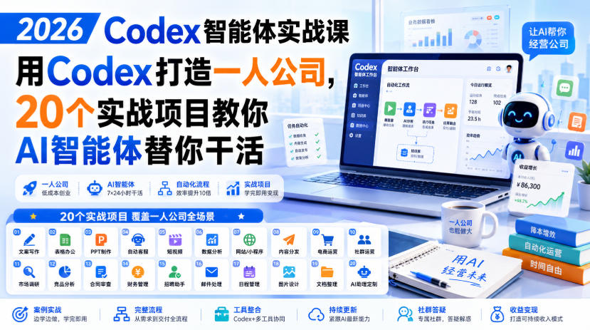 2026 Codex智能体实战课,用Codex打造一人公司,20个实战项目教你AI智能体替你干活-创学资源站