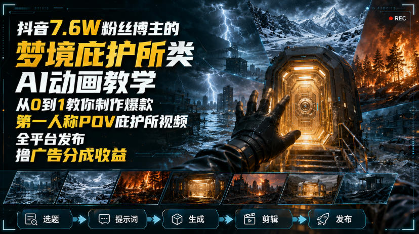 抖音7.6W粉丝博主的梦境庇护所类AI动画教学,从0到1教你制作爆款第一人称POV庇护所视频,全平台发布撸广告分成收益-创学资源站