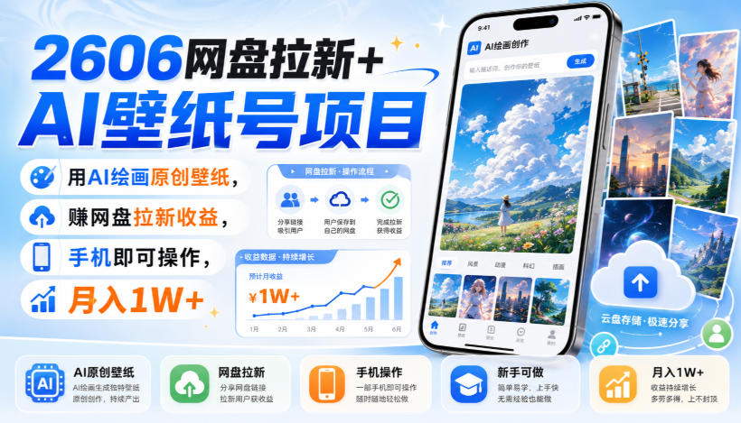 2606网盘拉新+AI壁纸号项目,用AI绘画原创壁纸,賺网盘拉新收益,手机即可操作,月入1W+-创学资源站