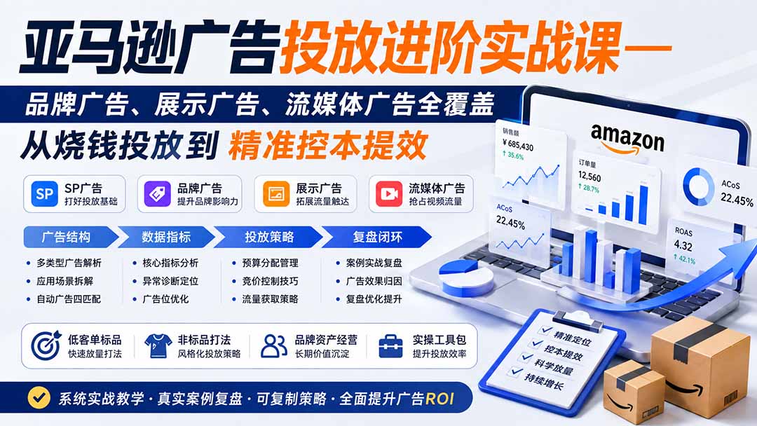 亚马逊广告投放进阶实战课——品牌广告、展示广告、流媒体广告全覆盖,从烧钱投放到精准控本提效-创学资源站