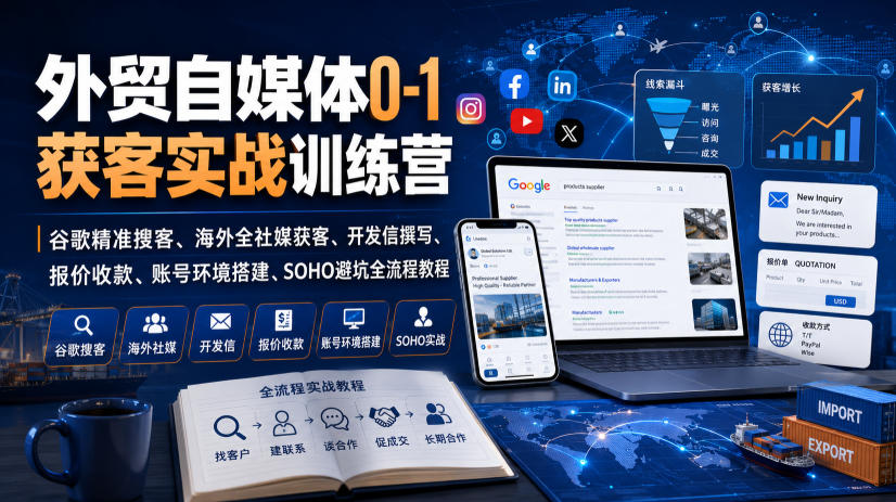 外贸自媒体0-1获客实战训练营|谷歌精准搜客、海外全社媒获客、开发信撰写、报价收款、账号环境搭建、SOHO避坑全流程教程(更新)-创学资源站