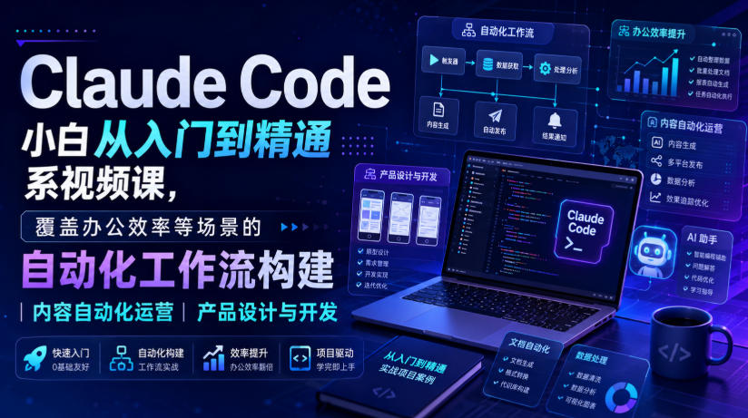Claude Code小白从入门到精通系视频课,覆盖办公效率等场景的自动化工作流构建|内容自动化运营|产品设计与开发-创学资源站