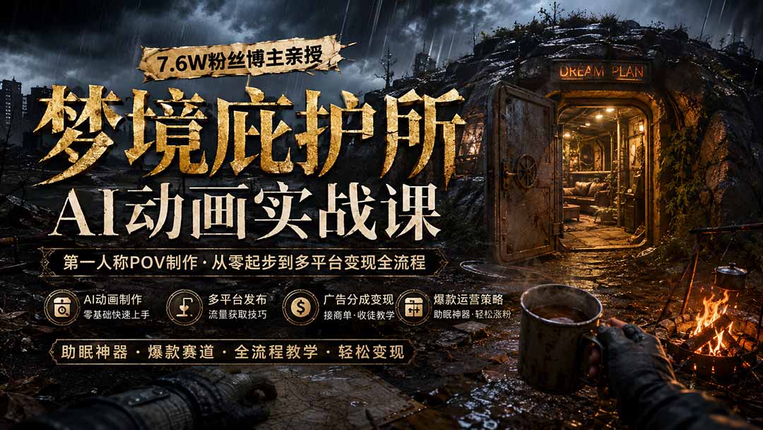 梦境庇护所AI动画实战课:7.6W粉丝博主亲授第一人称POV制作,从零起步到多平台发布变现全流程-创学资源站