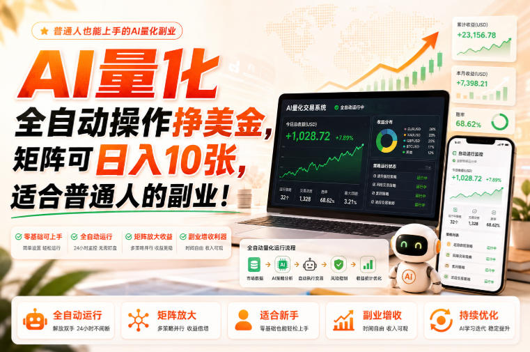 AI量化全自动操作挣美金,矩阵可日入10张,适合普通人的副业!【揭秘】-创学资源站