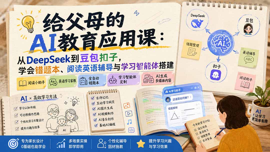 给父母的AI教育应用课：从DeepSeek到豆包扣子，学会错题本、阅读英语辅导与学习智能体搭建-创学资源站