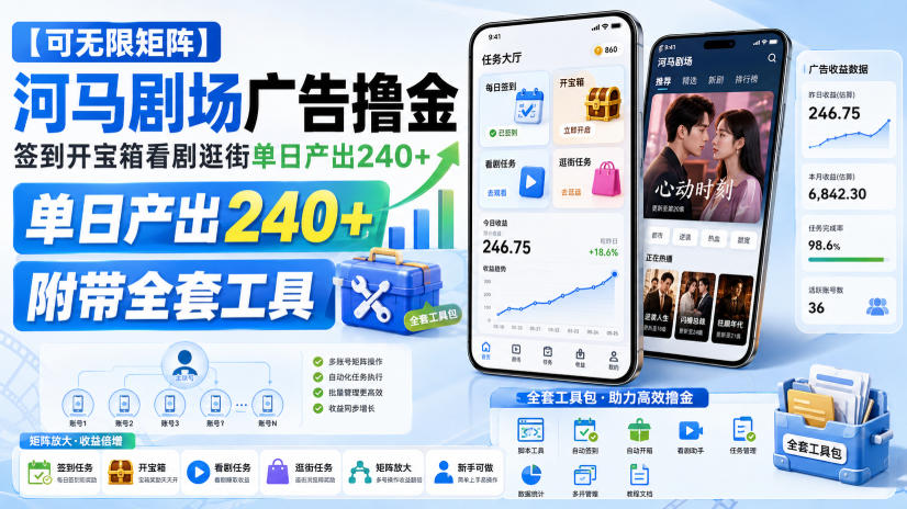 【可无限矩阵】河马剧场广告撸金，签到开宝箱看剧逛街单日产出240+，附带全套工具【揭秘】-创学资源站