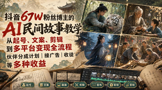 抖音67W粉丝博主的AI民间故事教学，从起号、文案、剪辑到多平台变现全流程，伙伴分成计划接广告等多种收益，月入1W+-创学资源站