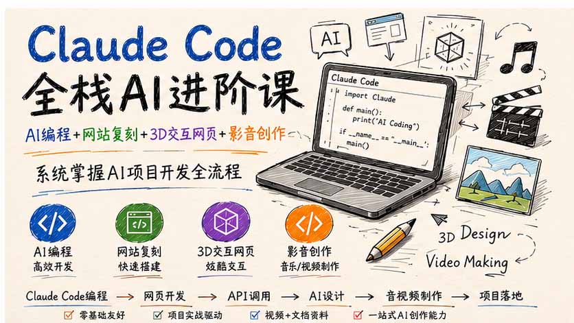 Claude Code全栈AI进阶课；AI编程+网站复刻+3D交互网页+影音创作，系统掌握AI项目开发全流程-创学资源站