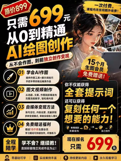 抖音10W粉丝博主的AI绘图教学，从0到精通AI绘图创作，从不会作图到能独立创作变现-创学资源站