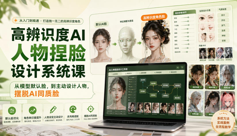 高辨识度AI人物捏脸设计系统课，从模型默认脸，到主动设计人物，摆脱AI同质脸-创学资源站