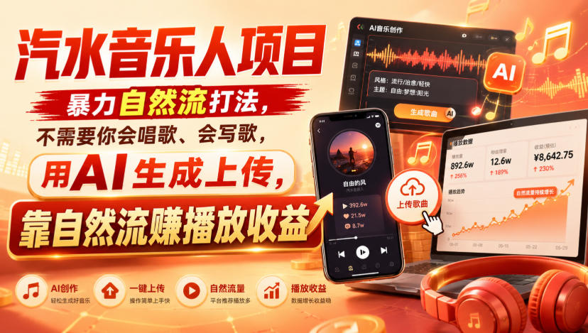 汽水音乐人项目，暴力自然流打法，不需要你会唱歌、会写歌，用AI生成上传，靠自然流賺播放收益-创学资源站