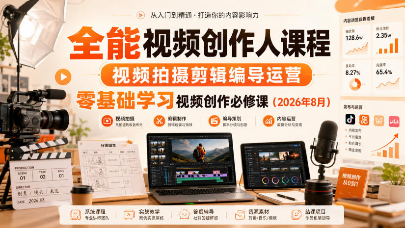 全能视频创作人课程，视频拍摄剪辑编导运营，零基础学习视频创作必修课(2026年8月)-创学资源站