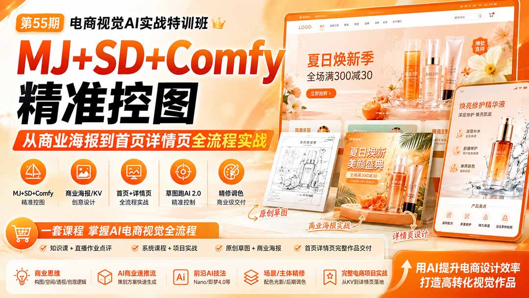 电商视觉 AI实战训练营第55期：MJ+SD+Comfy精准控图，从商业海报到首页详情页全流程实战-创学资源站