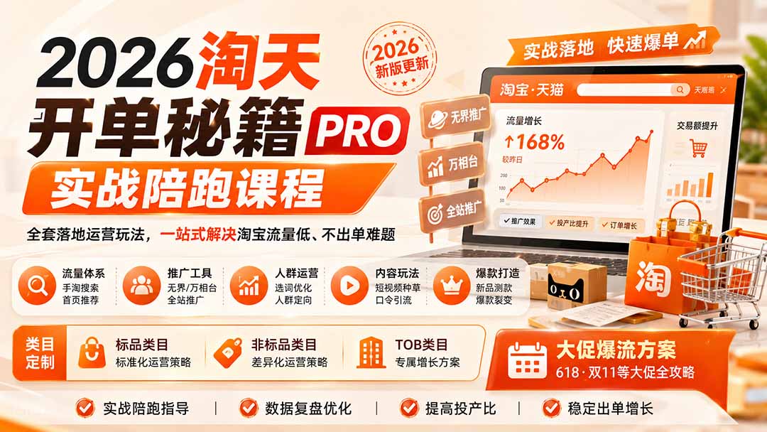 2026淘天开单秘籍PRO实战陪跑课程:全套落地运营玩法,一站式解决淘宝流量低、不出单难题(更新260823-创学资源站