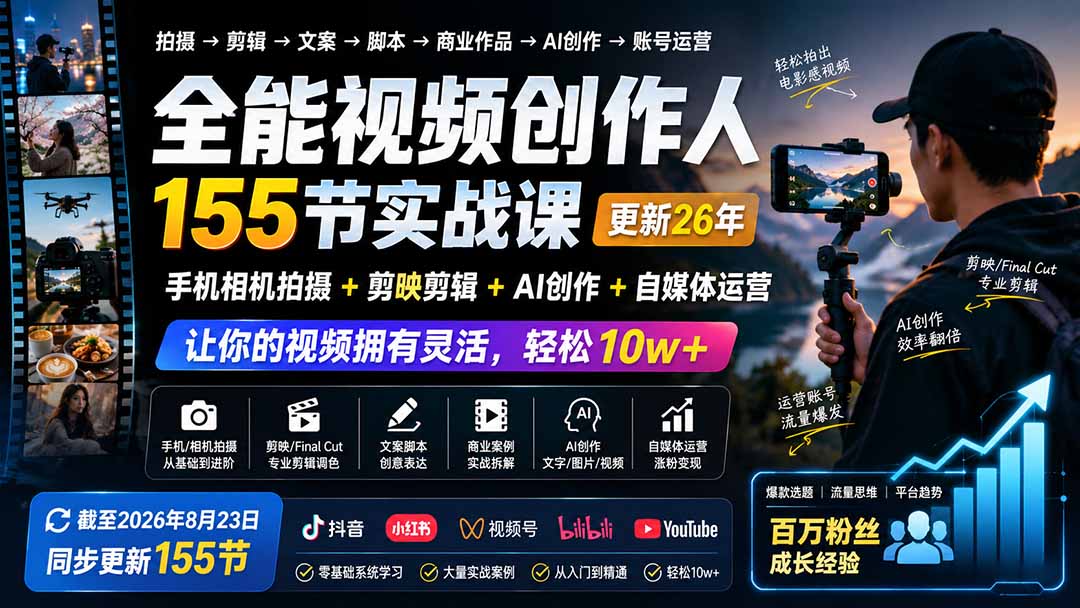 全能视频创作人155节实战课-更新26年8月：手机相机拍摄+剪映剪辑+AI创作+自媒体运营，让你的视频拥有灵活，轻松10w-创学资源站