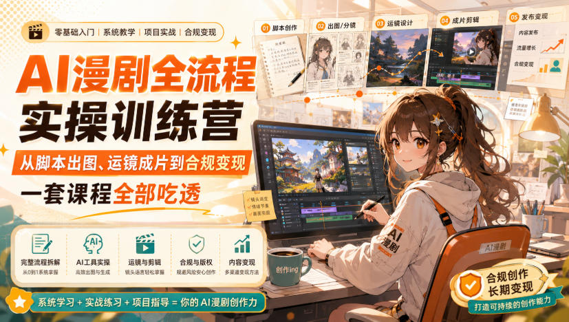 AI漫剧全流程实操训练营，从脚本出图、运镜成片到合规变现，一套课程全部吃透-创学资源站