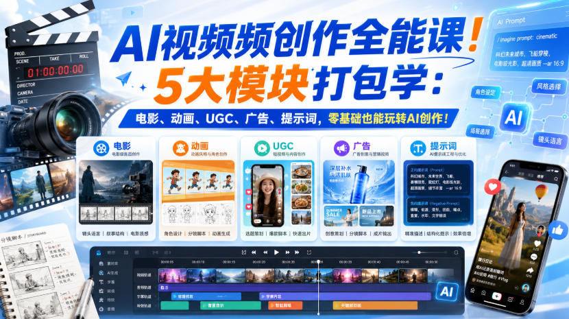 AI视频频创作全能课！5大模块打包学：电影、动画、UGC、广告、提示词，零基础也能玩转AI创作！【原创双语字幕】-创学资源站