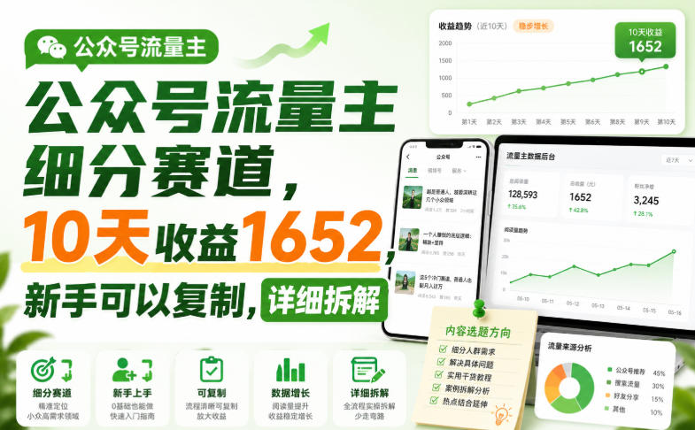 公众号流量主细分赛道，10天收益1652，新手可以复制，详细拆解-创学资源站
