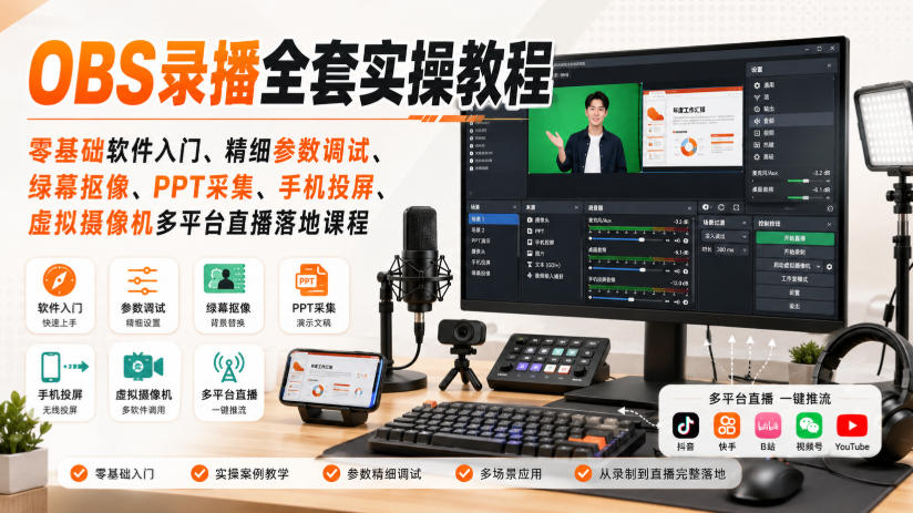 OBS录播全套实操教程｜零基础软件入门、精细参数调试、绿幕抠像、手机投屏、虚拟摄像机多平台直播落地课程-创学资源站