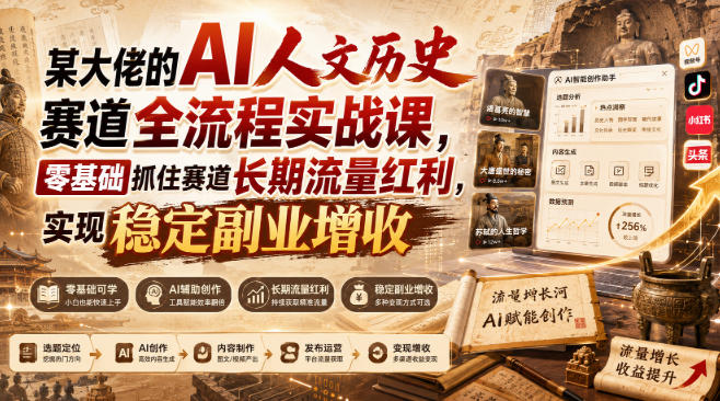 某大佬的AI人文历史赛道全流程实战课，零基础抓住赛道长期流量红利，实现稳定副业增收-创学资源站