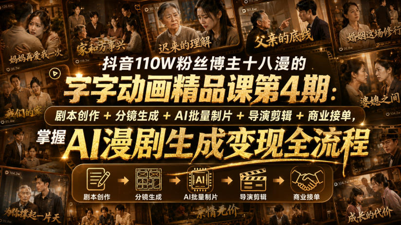 抖音110W粉丝博主十八漫的字字动画精品课第4期：剧本创作+分镜生成+剪辑+商业接单，掌握AI漫剧生成变现全流程-创学资源站
