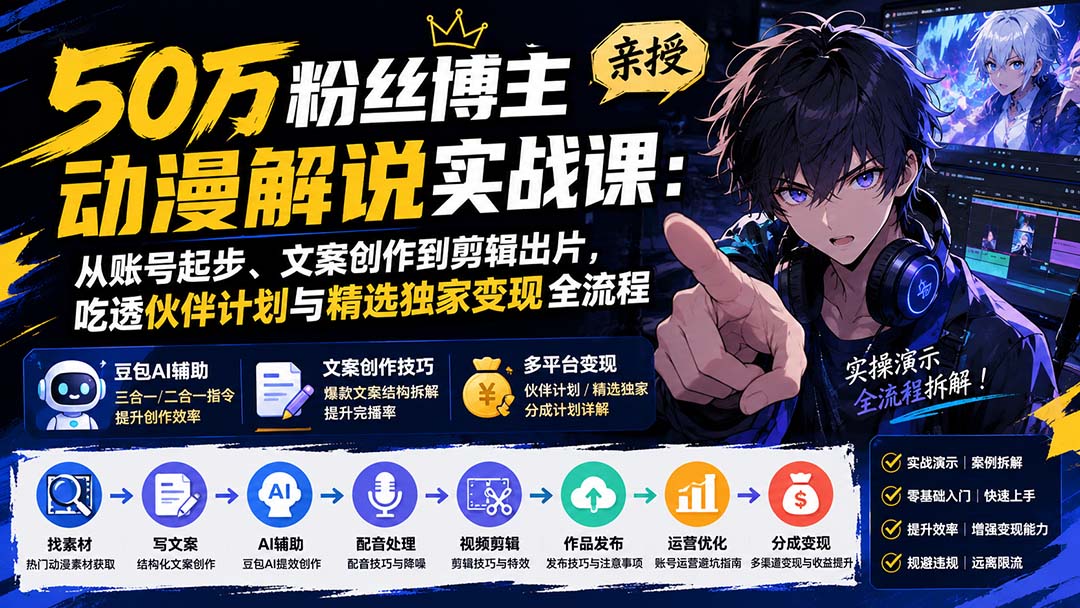 50万粉丝博主亲授动漫解说实战课：从账号起步、文案创作到剪辑出片，吃透伙伴计划与精选独家变现全流程-创学资源站