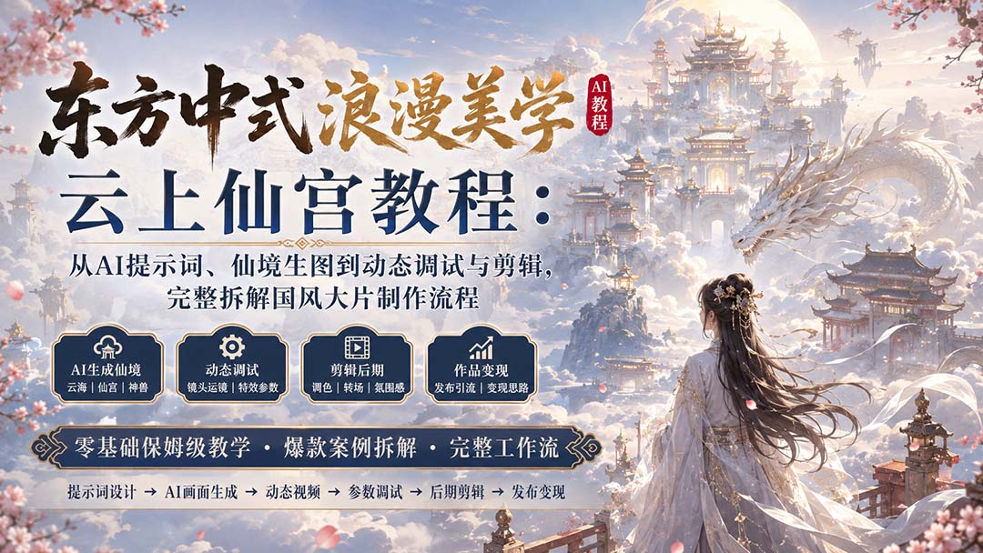 东方中式浪漫美学云上仙宫教程：从AI提示词、仙境生图到动态调试与剪辑，完整拆解国风大片制作流程-创学资源站