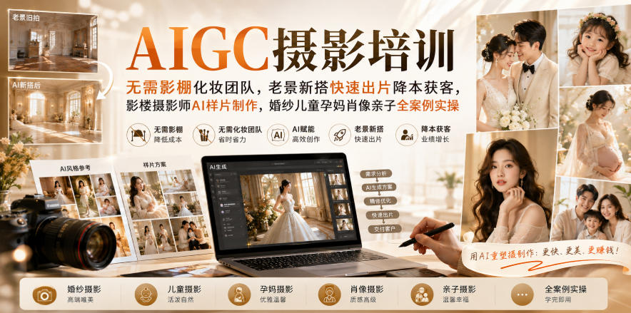 AIGC摄影培训|无需影棚化妆团队,老景新搭快速出片降本获客,影楼摄影师AI样片制作,婚纱儿童孕妈肖像亲子全案例实操-创学资源站