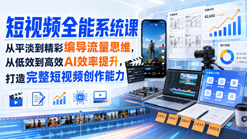 短视频全能系统课，从平淡到精彩编导流量思维，从低效到高效AI效率提升，打造完整短视频创作能力(2026年8月30更新233集)-创学资源站